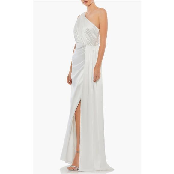 Ieena for Mac Duggal One Shoulder Draped Dress Satin Maxi Long Formal Gown White - Picture 2 of 16